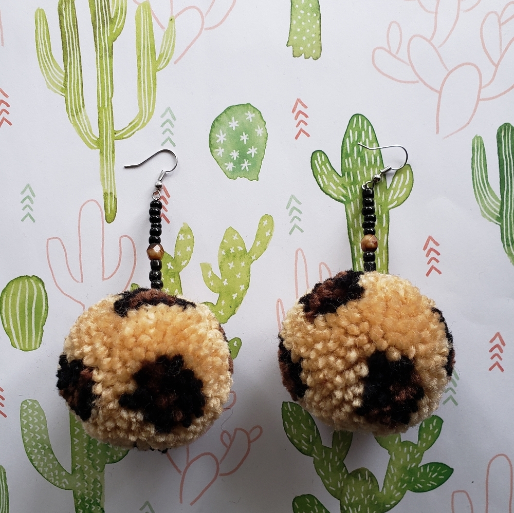 Large Cheetah Print Pom Pom Earrings